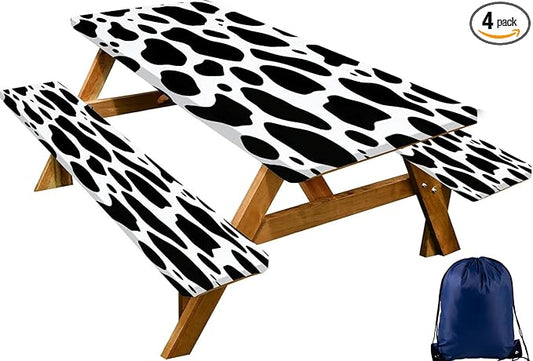 CAPSCEOLL Elastic Picnic Table Cover with Bench Covers 5Ft Waterproof Fitted Picnic Table Cover Cloths for Outdoors Camping Tablecloth with Drawstring Bag, 60X30in, Black White