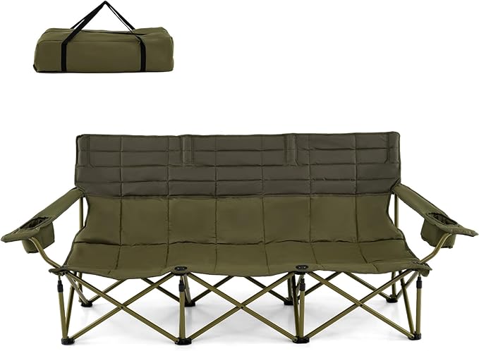 Tangkula 3 Person Oversized Camping Chair, Fully Padded Folding Camp Chair with Adjustable Armrests, Cup Holders, Carrying Bag, Portable Outdoor Lawn Chair for Camping, Support 900LBS