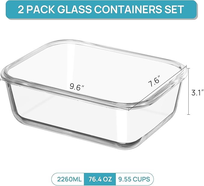 Vtopmart 2Pack 2260ml/ 76.4oz Large Glass Storage Containers with Lids, Meal Prep Food Container Set with Snap Airtight Lid for Baking, Microwave, Oven, Leak Proof, for Freezer, Dishwasher, Green