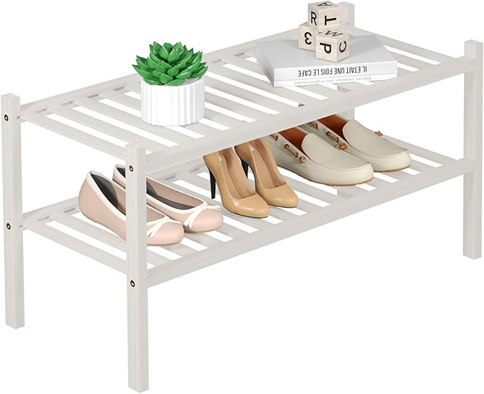 2 Tier Bamboo Shoe Rack for Closet Free Standing Wood Shoe Shelf for Entryway Small Space Stackable 27"x11"x13" (White)
