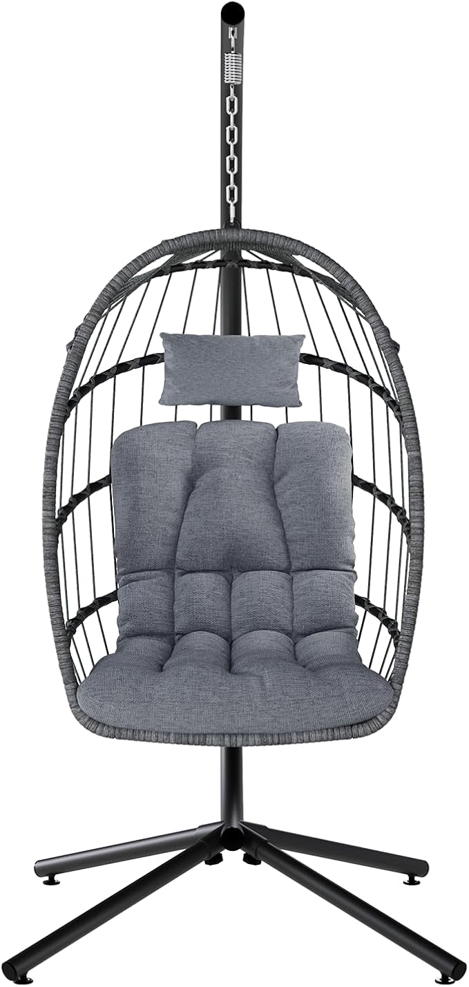 SWITTE Egg Chair Outdoor with Stand, Indoor Wicker Hanging Egg Swing Chair with Cushion, 350lbs Capacity for Patio, Bedroom, Garden - Light Grey