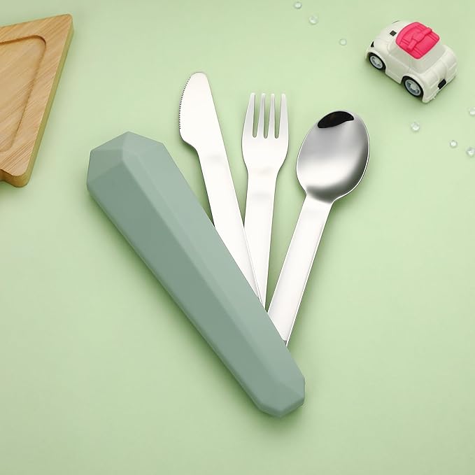 DEVICO Travel Utensils with Case, Reusable Camping Silverware Cutlery, 18/8 Stainless Steel Portable Fork Spoon Knife Set for Lunch Picnic School Workplace (Green)