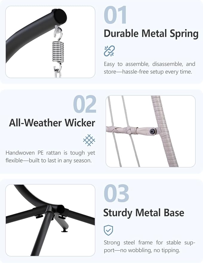 SWITTE Egg Chair Outdoor with Stand, Indoor Wicker Hanging Egg Swing Chair with Cushion, 350lbs Capacity for Patio, Bedroom, Garden - Light Blue