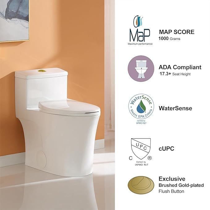 HOROW T0338WG One Piece Toilet with Gold Button, Elongated Toilet with Comfort Seat Height, ADA Chair Height 17.3", Dual Flush 0.8/1.28 GPF & MAP 1000g, Standard White Toilet Bowl, Gold Tank Button