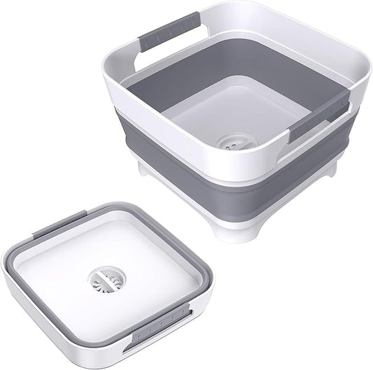 Collapsible Dish Basin with Drain Plug, 9L(2.4Gal) Capacity, Space Saving Portable Sink for Baby bottle, Kitchen, Camping& RV, Gray