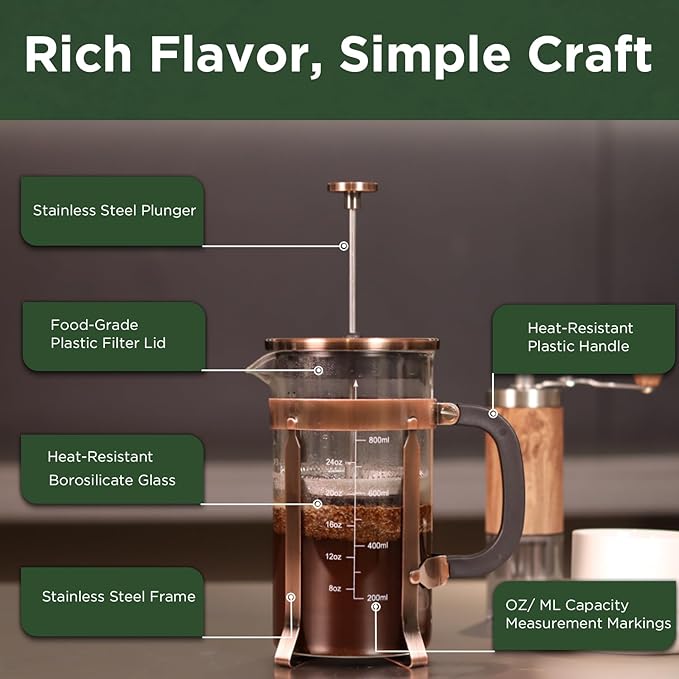 High - Quality 21 Ounce / 600ML French Press - Stainless Steel & Heatproof Glass, 4 - Filter Design - Make Cold Brew, Espresso, Coffee & Tea with Ease