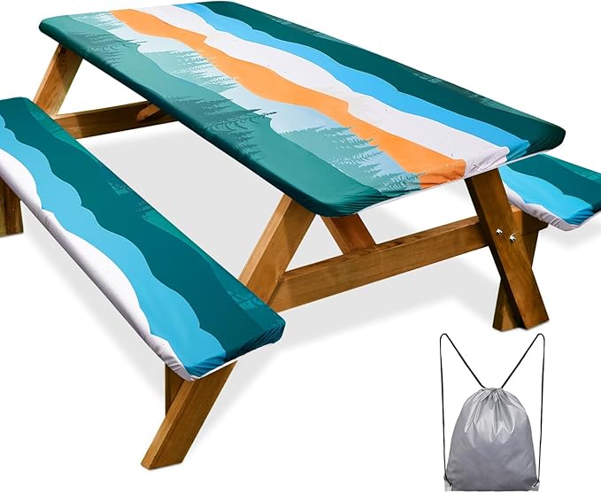 Picnic Table Cover with Bench Covers Camping Essentials Waterproof Windproof Camping Tablecloth with Drawstring Bag, Fitted Rectangle Tables and Seats, 60in, Orange Blue