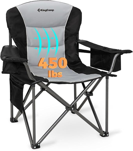 KingCamp Oversized Camping Folding Chair, Heavy Duty 450 LBS with Lumbar Support, Padded seat with Cup Holder&Cooler Bag, Ideal for Camp, Fishing, Sports Event, Backyard, Patio, Lawn (Black/Grey)