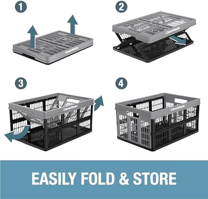 CleverMade Collapsible Utility Crates - Ocean 3 Pack 45L / 11 Gal holds 66 lbs - Stackable Containers Heavy Duty Capacity Crates Space-Saving Baskets