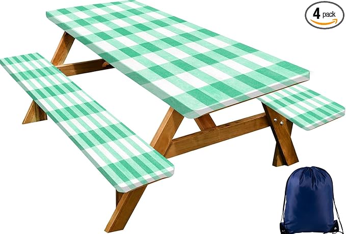 CAPSCEOLL Elastic Picnic Table Cover with Bench Covers 5Ft Waterproof Fitted Picnic Table Cover Cloths for Outdoors Camping Tablecloth with Drawstring Bag, 60X30in, Green Checkered
