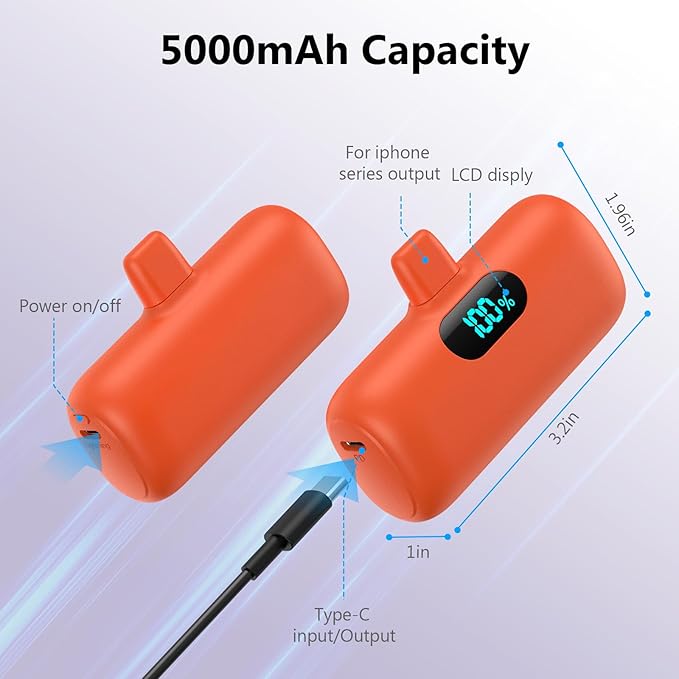 Small Portable Charger for iPhone, Upgraded 5000mAh PD Fast Charging Power Bank, Mini Plug-in Battery Pack Backup Charger Compatible with iPhone 14/14 Pro Max/13/13 Pro/12 Pro/11/XS/XR/X/8/7/6-Orange
