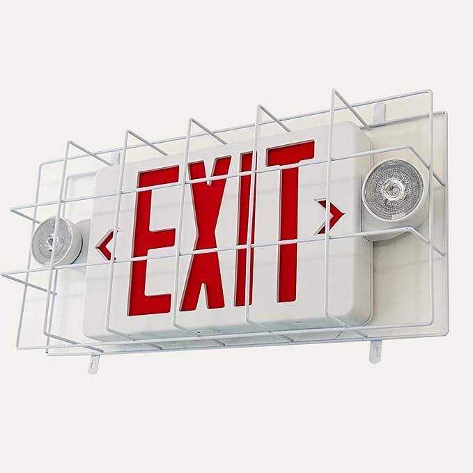 TANLUX Exit Sign Combo with Wire Cage, Round Light Head, Wall Mounted Emergency Exit Light with Protective Wire Guard, Red Exit Sign with Emergency Lights
