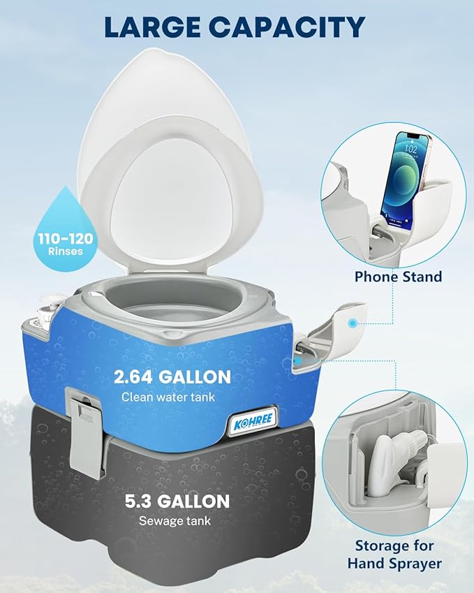 Kohree Camping Toilet Portable 5.3 Gal: 20L Porta Potty for Adults with Diagonal Elongated Bowl Seat - Handle Flush Pump Leak-Proof Cassette Toilet for RV Trailer Trucker Boat Marine Home Use