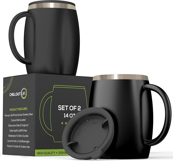 CHILLOUT LIFE Stainless Steel Insulated Coffee Mugs Set of 2 (14 oz) - Double Wall Coffee Cups With Spill Resistant Lid & Strong Handle, Shatterproof Cups for Cold Drinks, Hot Beverages