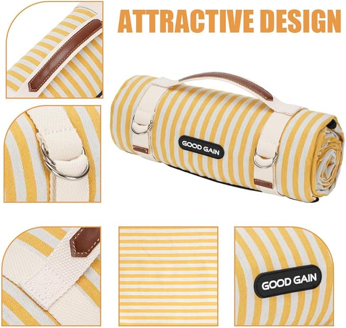 Picnic Outdoor Blankets Waterproof Extra Large - Beach Mat Sand Free Foldable with Carry Strap | Portable Camping Blanket | Park Blanket for Grass Park, Hiking, Travel, Concerts, Indoor (Yellow)