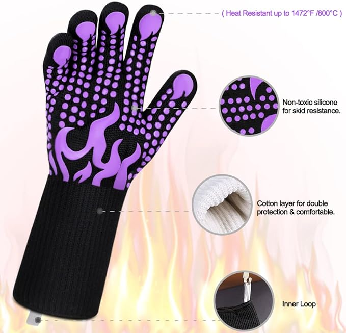Comsmart BBQ Gloves, 1472 Degree F Heat Resistant Grilling Gloves Silicone Non-Slip Oven Gloves Long Kitchen Gloves for Barbecue, Cooking, Baking, Cutting