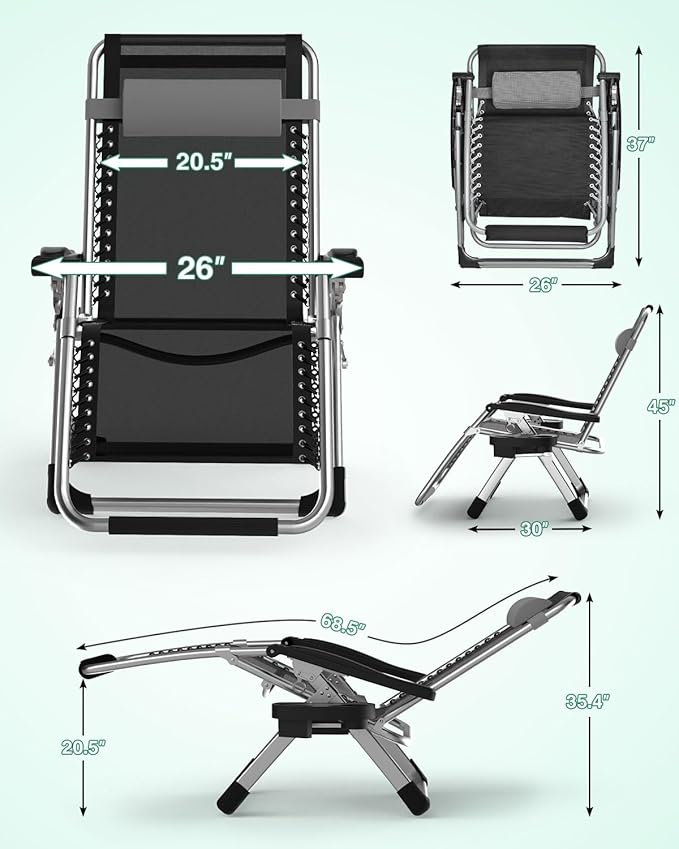 ZENPETIO Zero Gravity Lounge Chair, Foldable Outdoor Recliner with Detachable Cushion, Portable Anti Gravity Lounger for Camping, Patio, Poolside, Lawn - Ash Grey