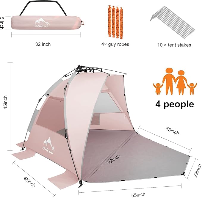 Oileus X-Large 4 Person Beach Tent Sun Shelter - Portable Sun Shade Instant Tent for Beach with Carrying Bag, Stakes, 6 Sand Pockets, Anti UV for Fishing Hiking Camping, Waterproof Windproof, Pink