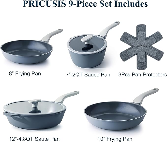 Nonstick Pots and Pans Set, 9 Pieces Non Toxic Ceramic Cookware, Nonstick Pan Skillet, Healthy Frying Pan, PTFE PFOA & PFAS Free, Induction Compatible, Gray