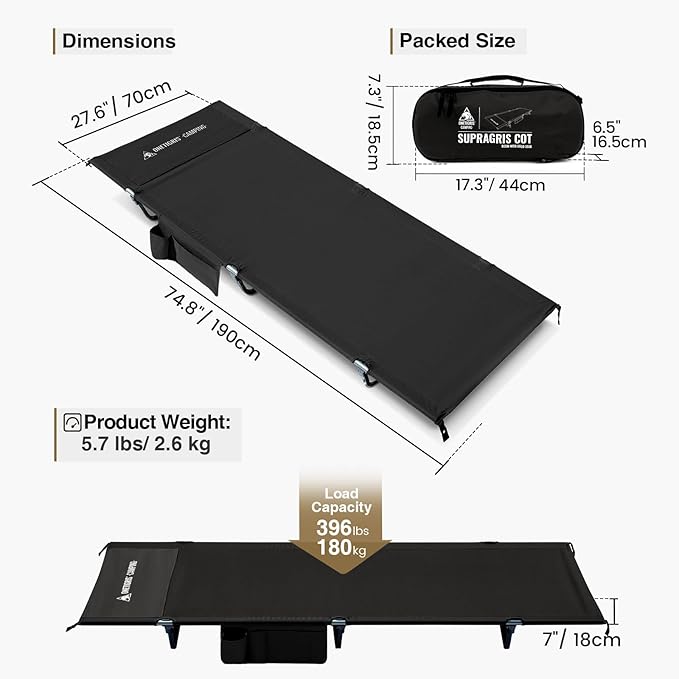 ONETIGRIS SUPRAGRIS Camping Cot, Support Up to 400lbs, Lightweight Comfortable Folding Bed for Camping, Hiking, Backpacking, Travel, Car Trips, Office Nap (Black)