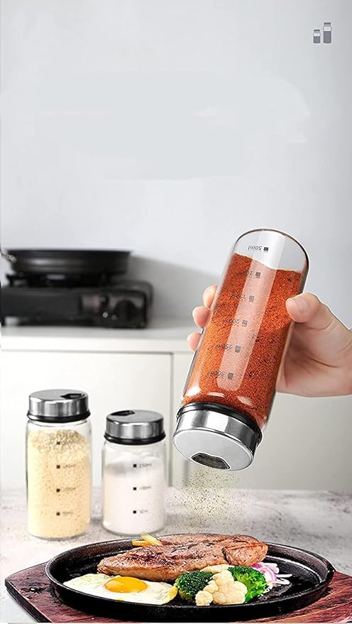 2 Piece 4-Neck Glass Seasoning Shakers with Adjustable Pour Holes - Moisture Resistant, Salt and Pepper Shakers - For Seasoning, Picnics (2 medium jars, 7oz each)