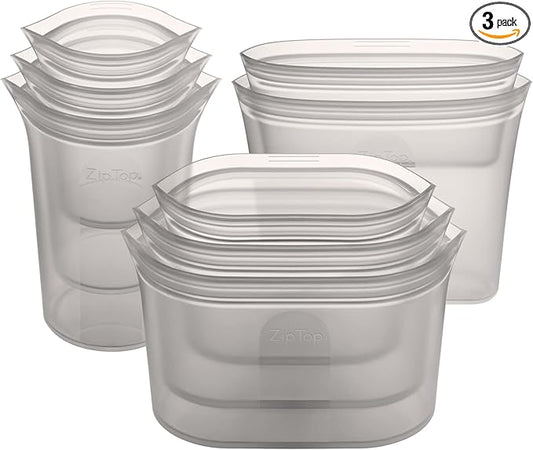 Zip Top Reusable Food Storage Bags | Full Set of 8 [Gray] | Silicone Meal Prep Container | Microwave, Dishwasher and Freezer Safe | Made in the USA