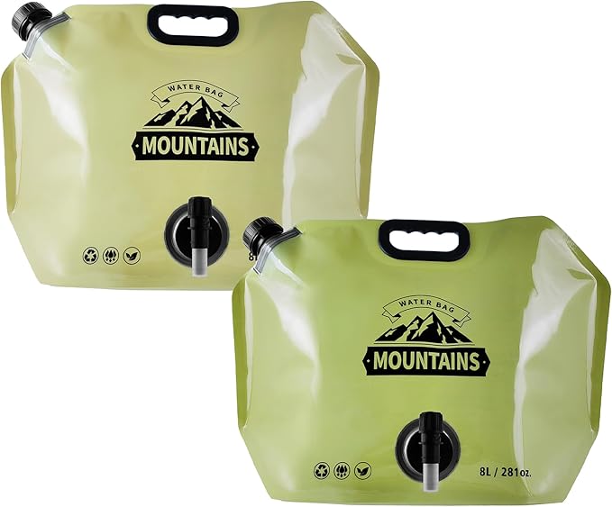 Collapsible 8L Water Storage Bag, BPA-Free Portable Folding Water Jug with Adjustable Faucet, Leakproof Emergency Water Bag for Camping, Hiking, Riding, Outdoor Sport (BEIGE & GREEN, 2)