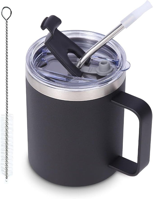 Volhoply 12oz Insulated Leakproof Coffee Mug with Flip & Straw Lid,Double Wall Vacuum Stainless Steel Travel Cafe Tumbler Cup with Handle,Reusable Camping Mugs Keep Cold/Hot(Black,1 Set)