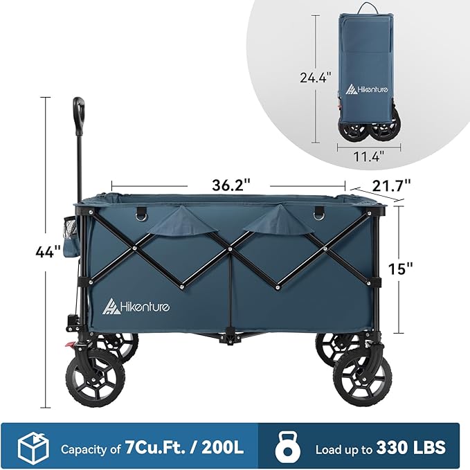Hikenture 330lbs Collapsible Wagon Cart, Ultra-Large Wagons Carts Foldable Heavy Duty, Utility All Terrain Folding Wagon with Wheels for Groceries, Garden, Sports, Beach, Shopping, Blue