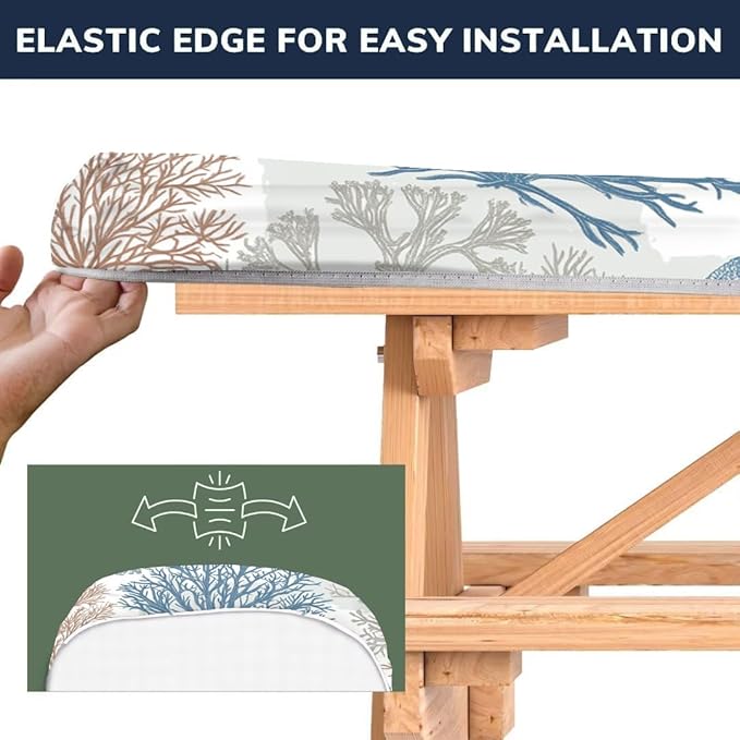 CAPSCEOLL Fitted Picnic Table Cover with Bench Covers with Elastic 8Ft Waterproof Camping Picnic Table Cover Cloths for Outdoors Camping Tablecloth with Drawstring Bag, 96X30in, Blue Sea