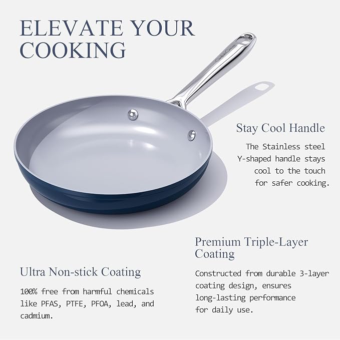 Nonstick Ceramic Frying Pan 10 Inch for Induction Cooktop - Non Toxic, PTFE/PFOA/PFAS Free, Oven & Dishwasher Safe up to 500°F - Non Stick Small Skillet with Stay-Cool Handle - Navy Blue