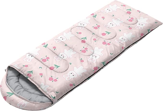 AILONEN Pink Lovely Rabbit Sleeping Bag for Girls Kids Adults,Warm and Cool Weather,Lightweight,Waterproof Backpacking,Cartoon Flowers Printed Bunny Sleeping Bag for Camping
