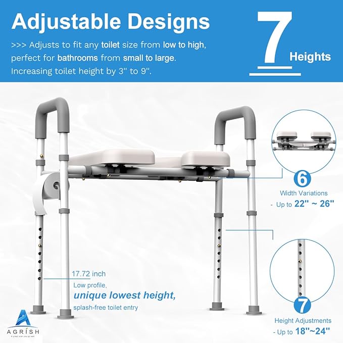 Toilet Seat Risers for Seniors, Adjustable Height & Width Raised Toilet Seat with Handles, Heavy Duty Handicap seat, Fit Any Toilet, Up to 400lbs