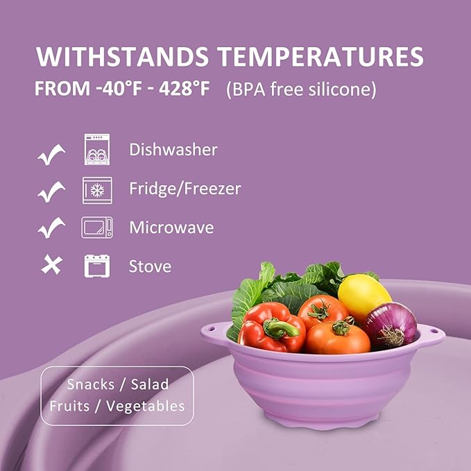 Silicone Collapsible Bowl 88oz Large Camping Bowl Outdoor Hiking Travel Silicone Food Storage Container (Light Purple)