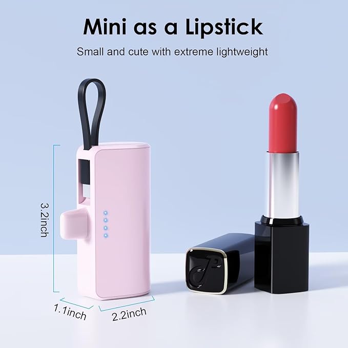 Mini Portable Charger for iPhone with Built-in Type-C Cable, 5200mAh Ultra-Compact Power Bank, PD 20W Fast Charging Battery Pack Phone Charger for iPhone 16/15/14/13, Samsung, Google, Android (Pink)
