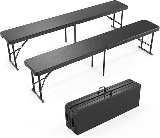VINGLI 6 feet Plastic Folding Bench,Portable in/Outdoor Picnic Party Camping Dining Seat, Garden Soccer Multipurpose Entertaining Activities, Tree Patterned HDPE Tabletop, 2 Pack, Black