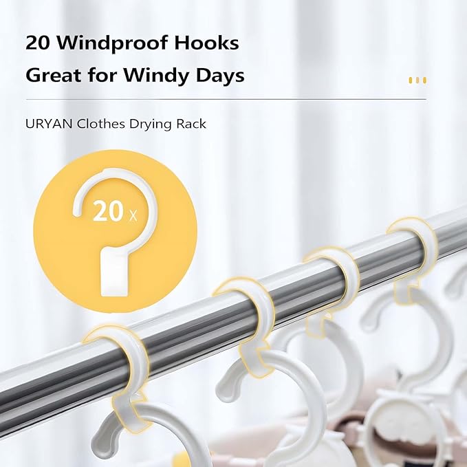 URYAN 79 Inches Stainless Steel Clothes Drying Rack, Heavy Duty Laundry Drying Rack Folding Indoor Outdoor, Portable Drying Rack Clothing, Free-Standing Laundry Stand with 20 Windproof Hooks