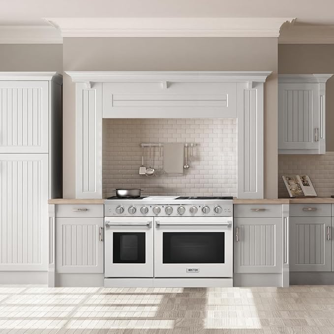 48-inch Pro-Style Natural Gas Range or Liquid Propane Gas Range with 6 Burners & 1 Griddle Cooktop, Double 4.6 cu. ft. and 2.2 cu. ft. Oven, in Stainless Steel - KOS-48RG03M (White-01)