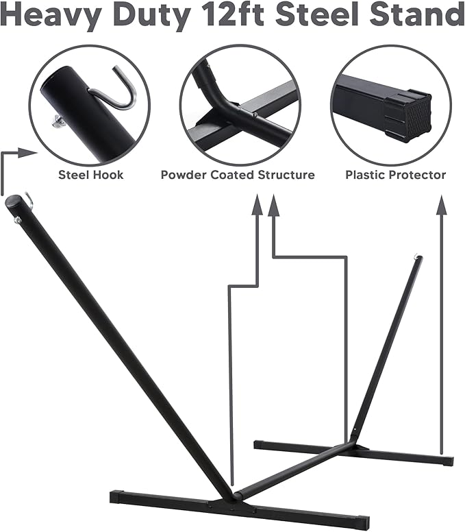 SUNCREAT Hammocks Extra Large Double Hammock with 12 ft Stand, 475lbs Capacity, Outdoor Portable Hammock with Hardwood Spreader Bar, Extra Large Pillow, Beige