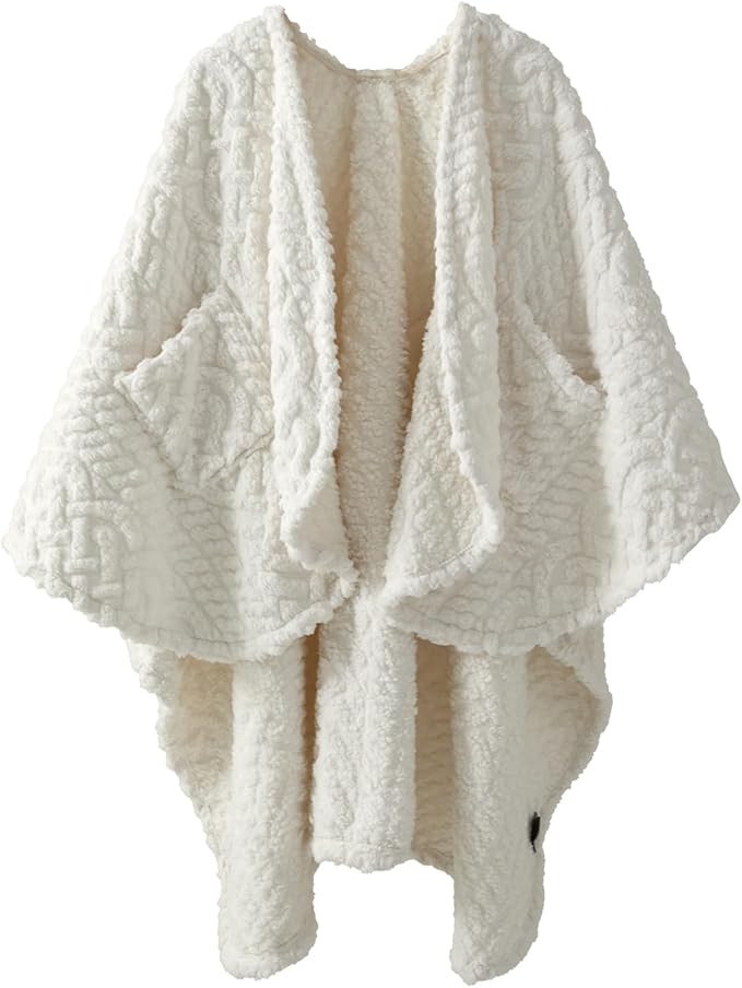Royoliving Fuzzy Sherpa Wearable Fleece Blanket with Pockets for Adults, Ultra Soft Plush Shawl Throw Blankets (White, 58'' x 64'')