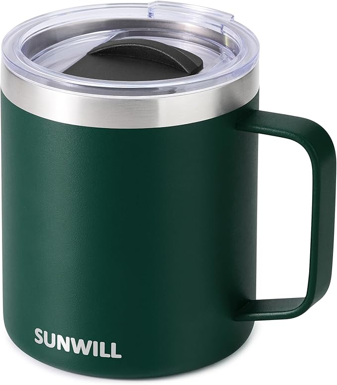 SUNWILL Travel Coffee Mug with Lid, Insulated Cup with Handle, 14 oz Stainless Steel Tumbler for Camping, Office, Outdoor, Powder Coated Forest Green