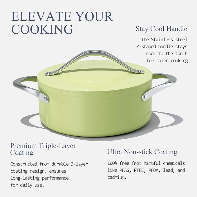 Stock Pot 4.5qt Dutch Oven with Lid (9.5") Nonstick Ceramic Coated Non-Toxic PFAS-Free Even Heat Distribution for Braising, Baking Bread & Soups, Compatible for All Cooktops(Induction/Gas/Electric) Oven Safe to 500°F (Avocado Green)