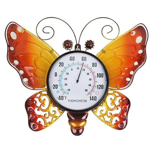 Outdoor Thermometer, Metal Indoor Thermometer, Yellow Butterfly Wall Thermometer No Need Battery for Patio Home Room Decor