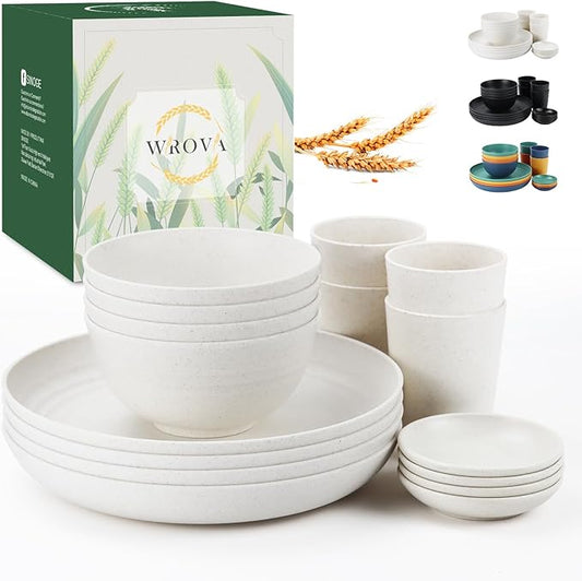Wheat straw bowl and plate sets of 16 with cups - Unbreakable plastic dinnerware sets for kitchen - Microwave and Dishwasher safe dishes for kitchen,camping,indoors and out doors. White