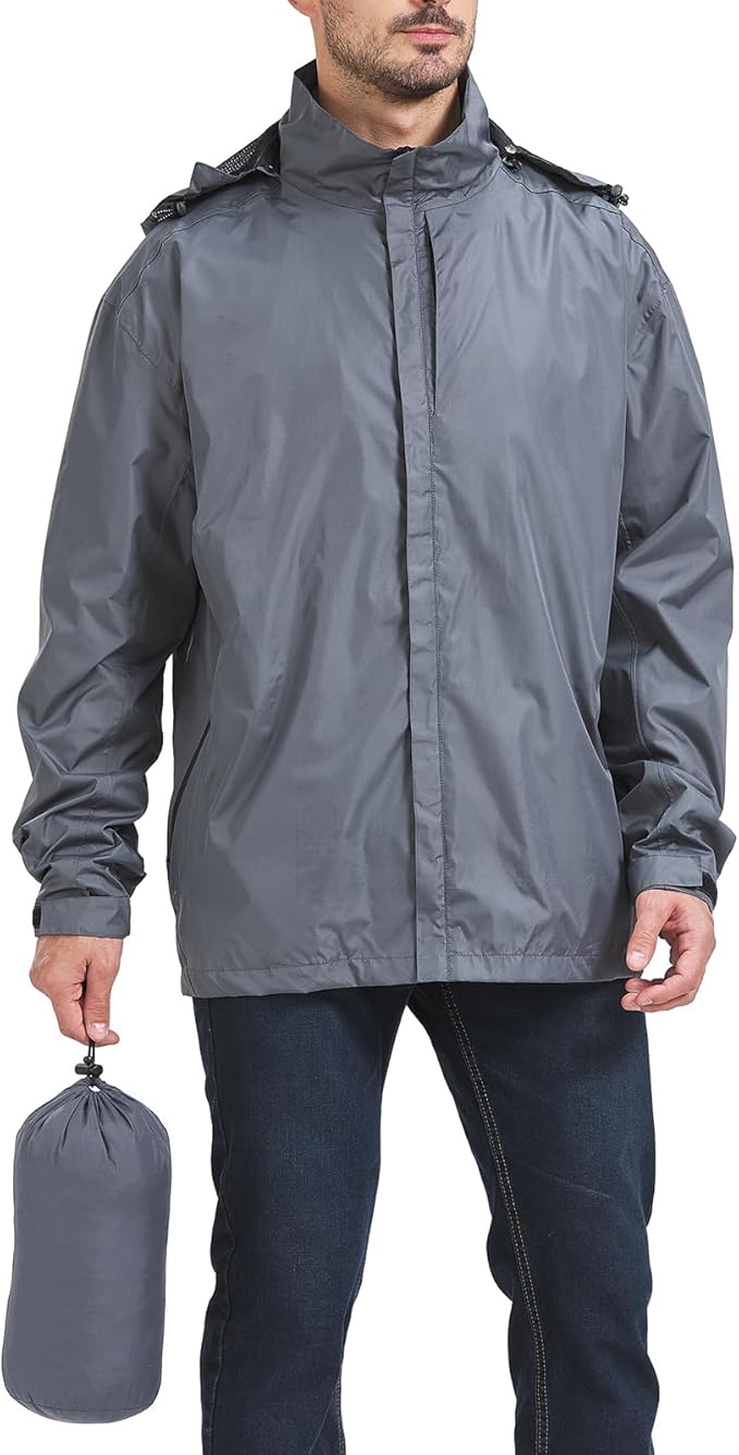 Men's Packable Rain Jacket Waterproof Outdoor Classic Lightweight Raincoat Hooded Windbreaker