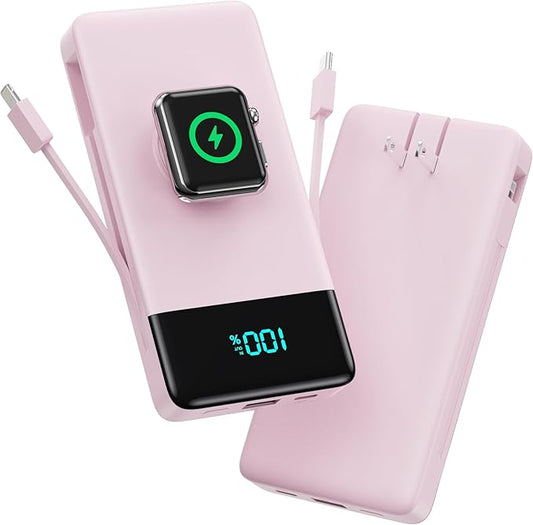 Portable Charger for iPhone with Built in Cables & Wall Plug,6-in-1 10800mah Power Bank with iWatch Charger,22.5W PD Fast Charging LCD Display Battery Pack for iPhone 16/15,Android,Apple Watch-Pink