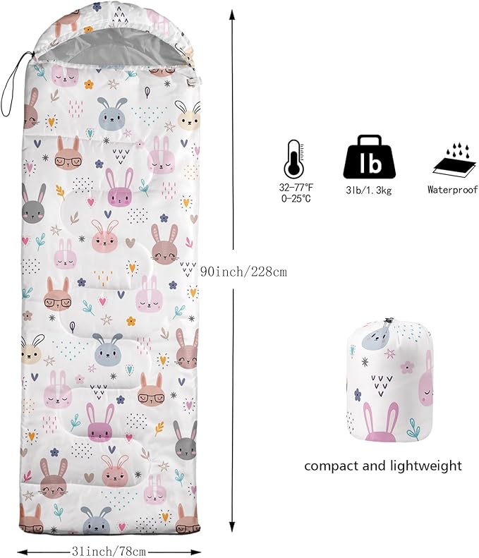 Sleeping Bags for Adults and Kids，3D Printing Camping Sleeping Bag for Girls Boys Lightweight Waterproof Cold/Warm 3-Season，Outdoor Travel with Compression Bags