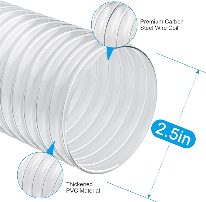 2 1/2" x 20' Heavy PVC Dust Collection Hose,Flexible Clear Debris and Fume Collection Hose with Stainless Steel Hose Clamps for Dust Collectors with 2 1/2" Ports, Ideal for Shop Vacuums