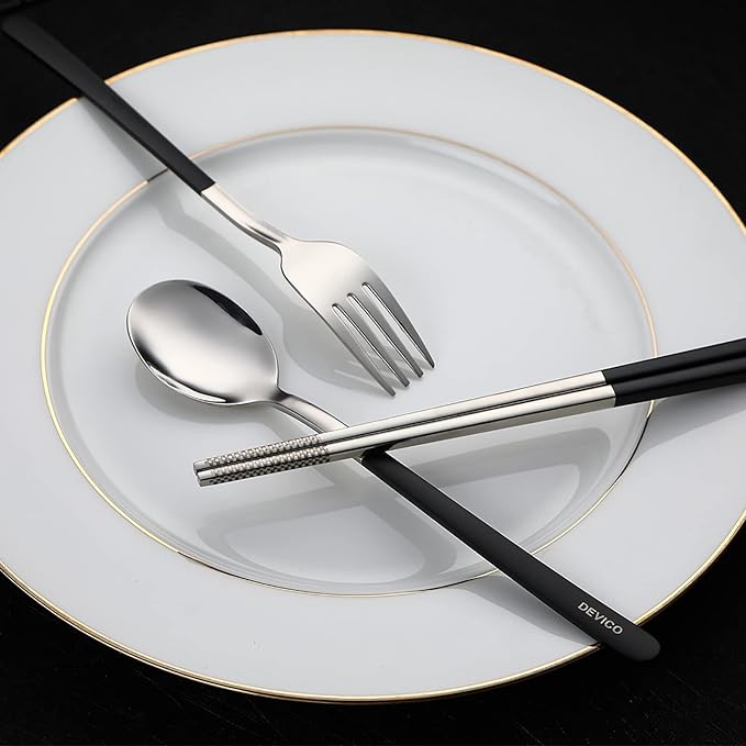 DEVICO Travel Utensils, 18/8 Stainless Steel 4pcs Cutlery Set Portable Camp Reusable Flatware Silverware, Include Fork Spoon Chopsticks with Case (Black)