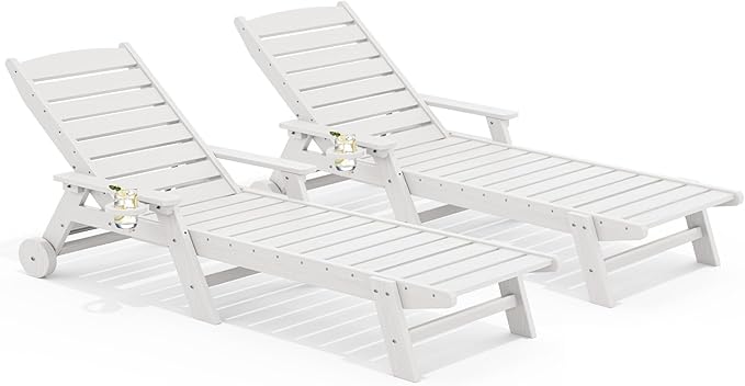 SERWALL Patio Chaise Lounge Chair Set of 2, 78'' Long 5-Positions Adjustable HDPE Outdoor Lounge Chair for Pool, Poly Lounge Chair with Rolling Wheels & Cup Holder for Poolside, Deck, White
